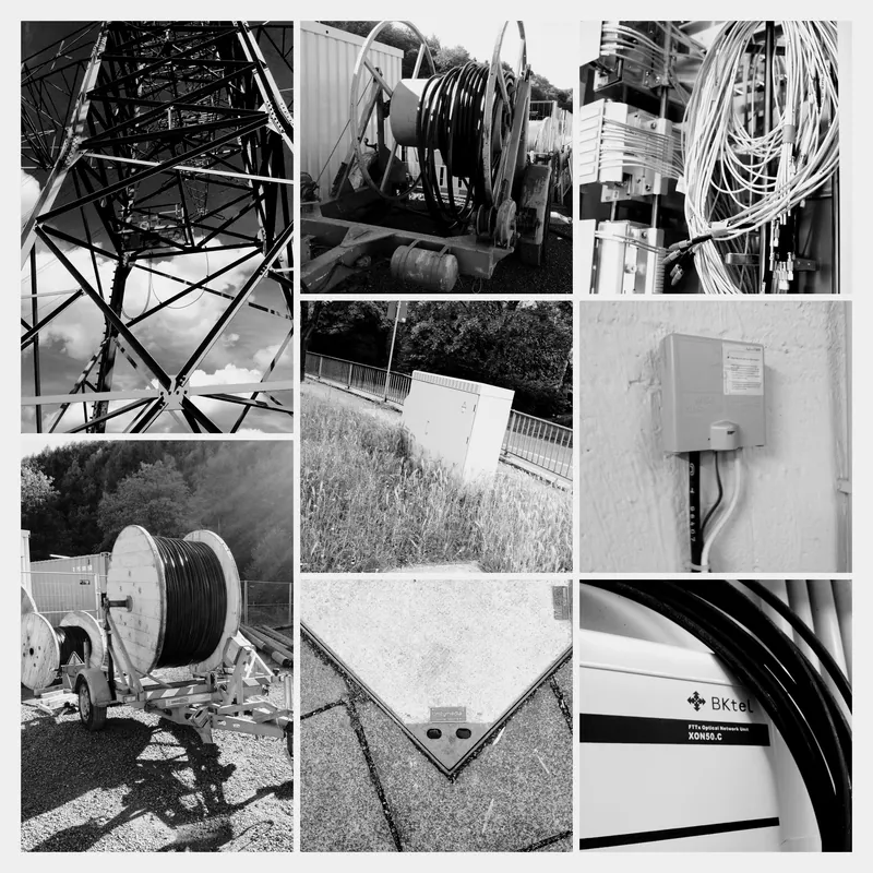 Schwarzweiß-Collage mit teleN-Logo, Netzwerkskizzen und Notizen