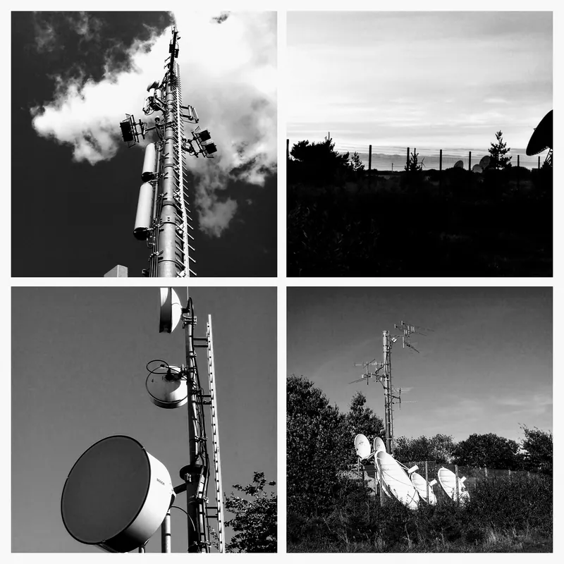 Schwarzweiß-Collage mit Mobilfunkmasten und Antennen