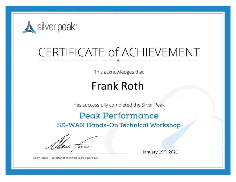 Silver Peak Certificate of Achievement für Frank Roth
