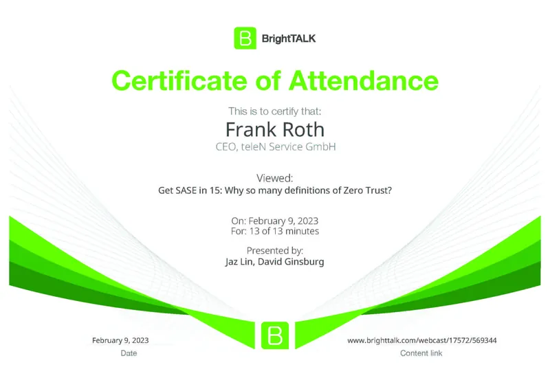 BrightTALK Certificate of Attendance für Frank Roth