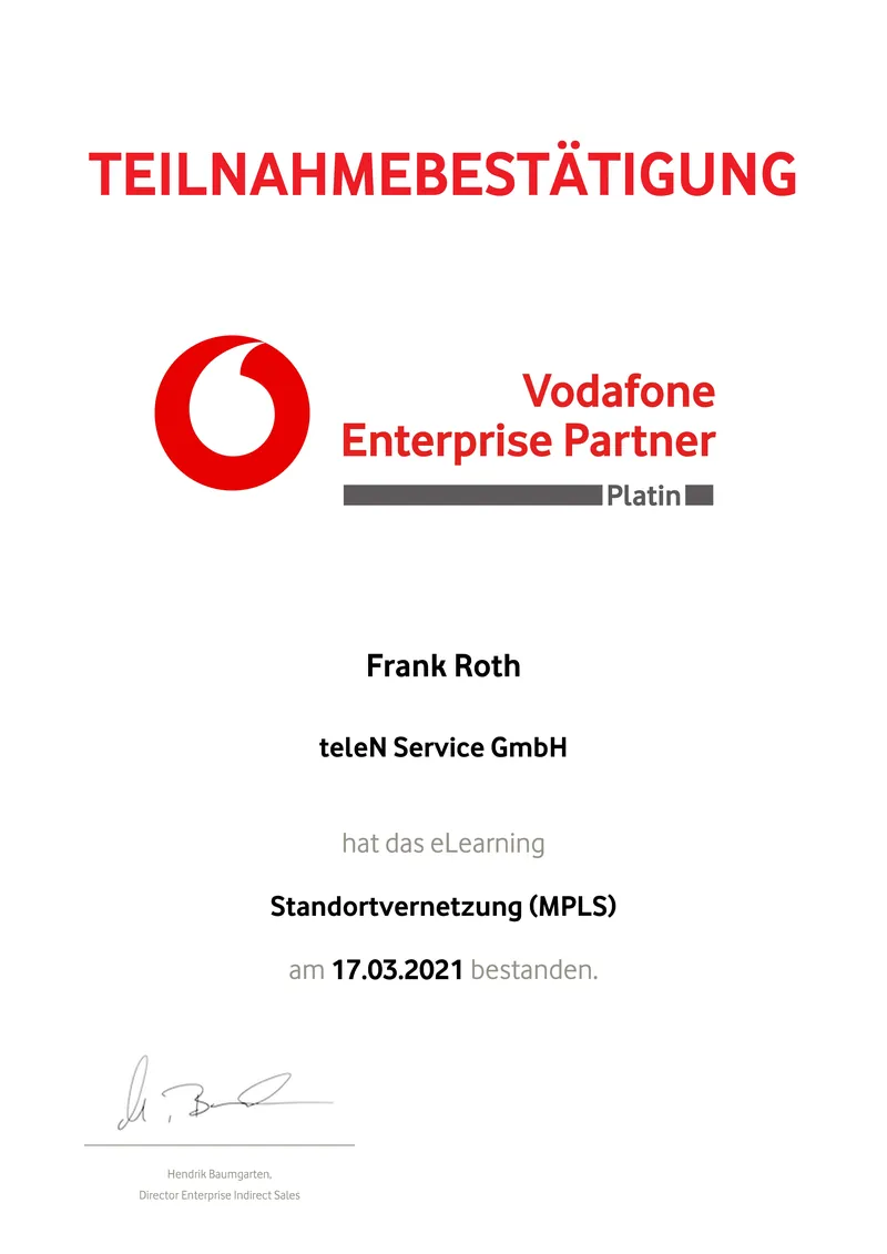 Teilnahmebestätigung Vodafone Enterprise Partner
