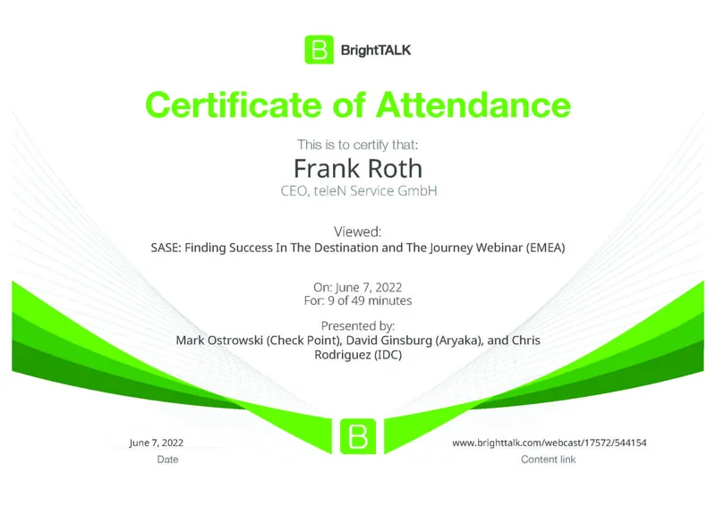 BrightTALK Certificate of Attendance für Frank Roth