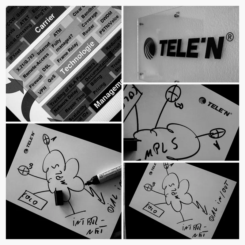 Schwarzweiß-Collage mit teleN-Logo, Netzwerktechnik und Skizzen